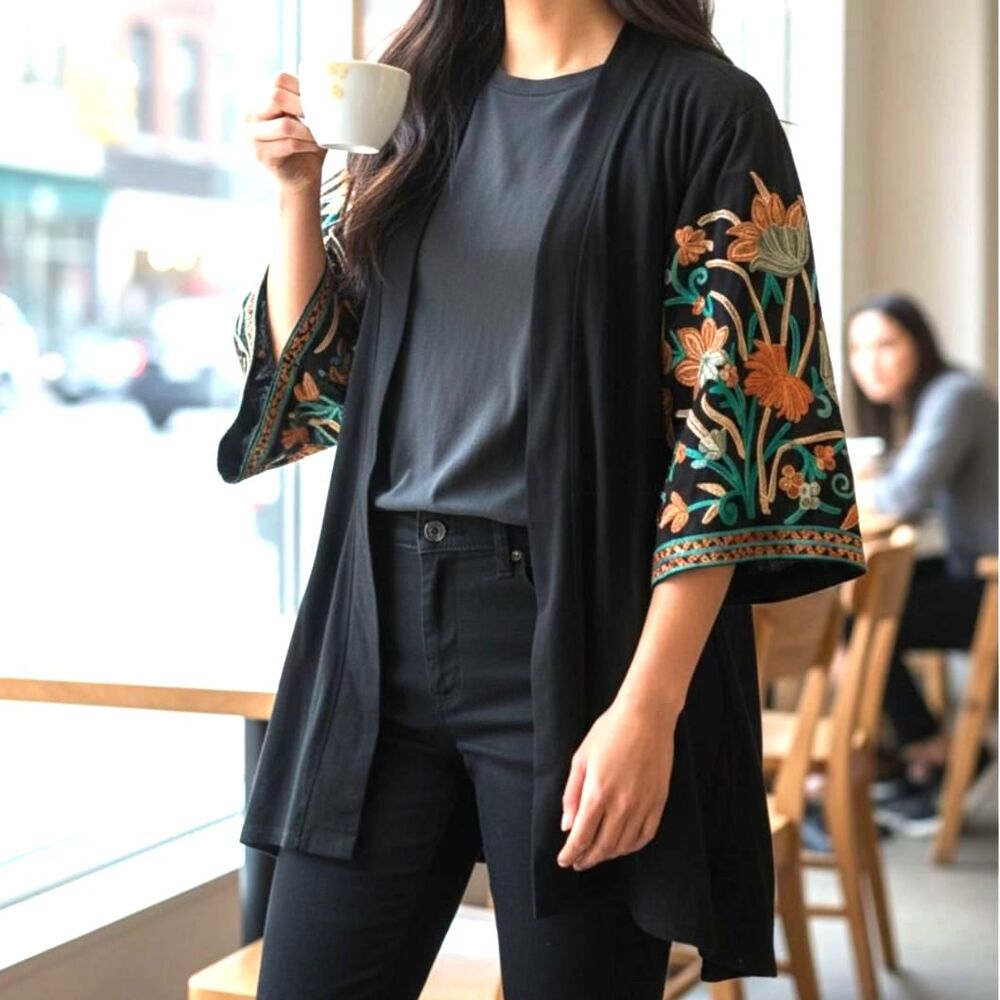 Hot & Delicious Black Floral Embroidered Kimono Cardigan Boho Beach Cover Up